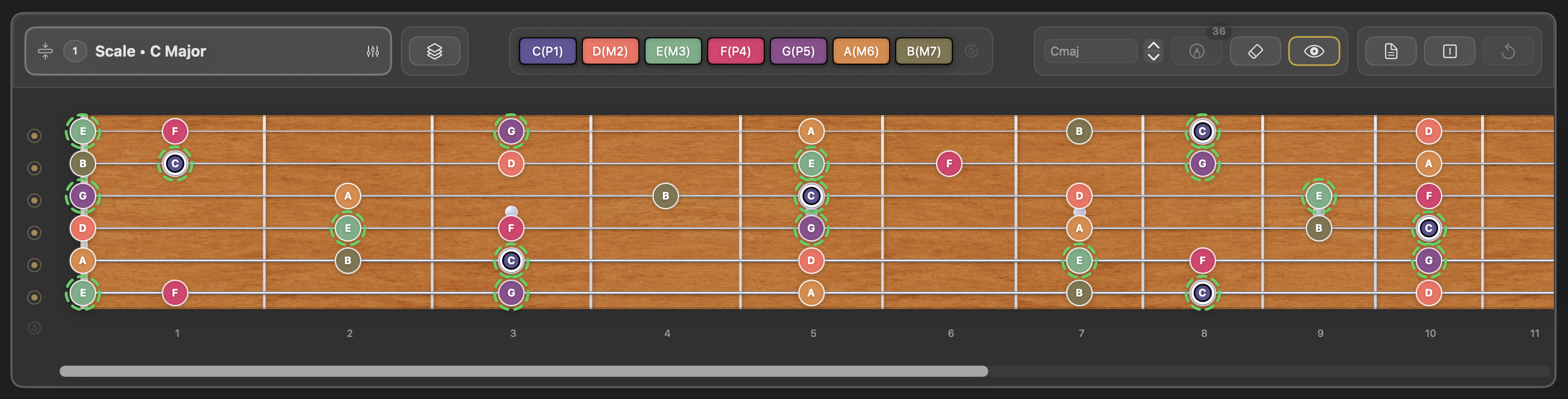 Frettler fretboard showing the C Major scale with a Scale Harmony marked chord group