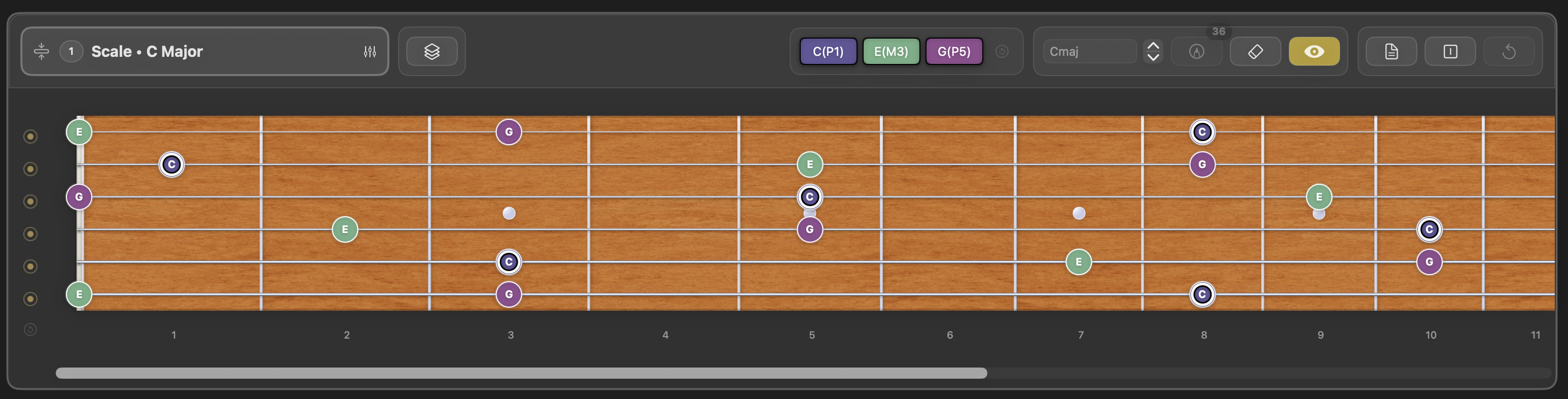 Frettler fretboard showing the C Major scale with a Scale Harmony marked chord group focused