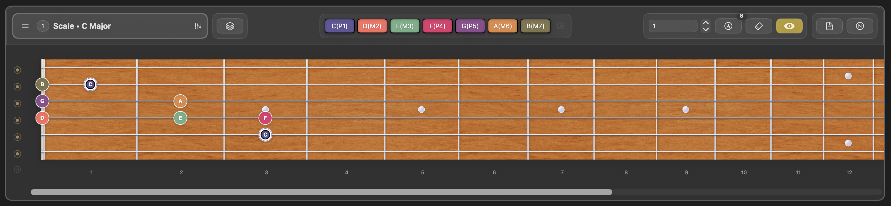 Frettler fretboard displaying only the notes in the current marking group