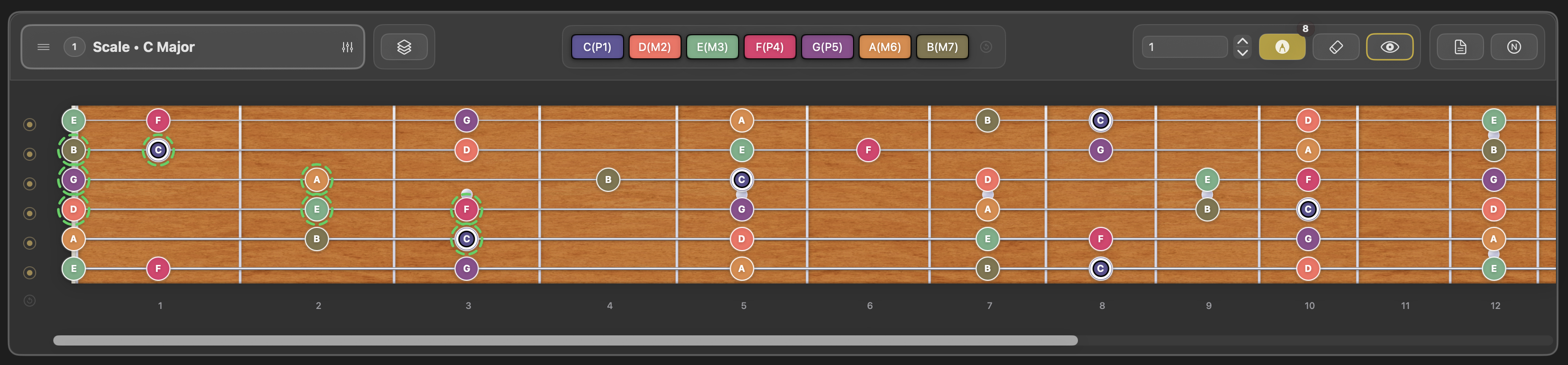 Frettler fretboard in marking mode with marked notes highlighted