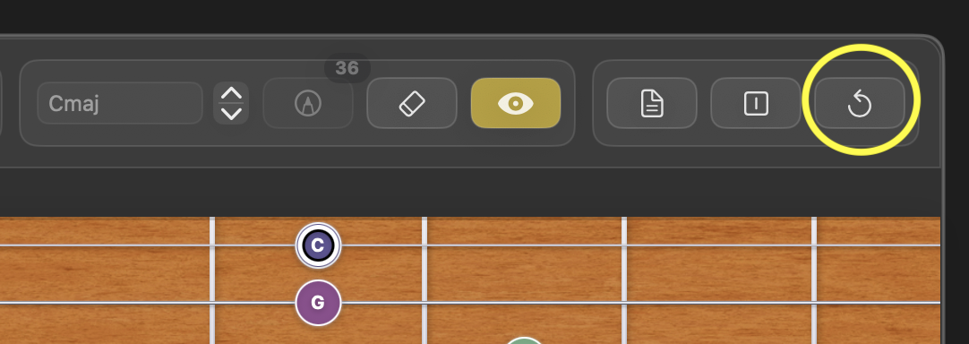 Frettler fretboard panel showing the Replay button