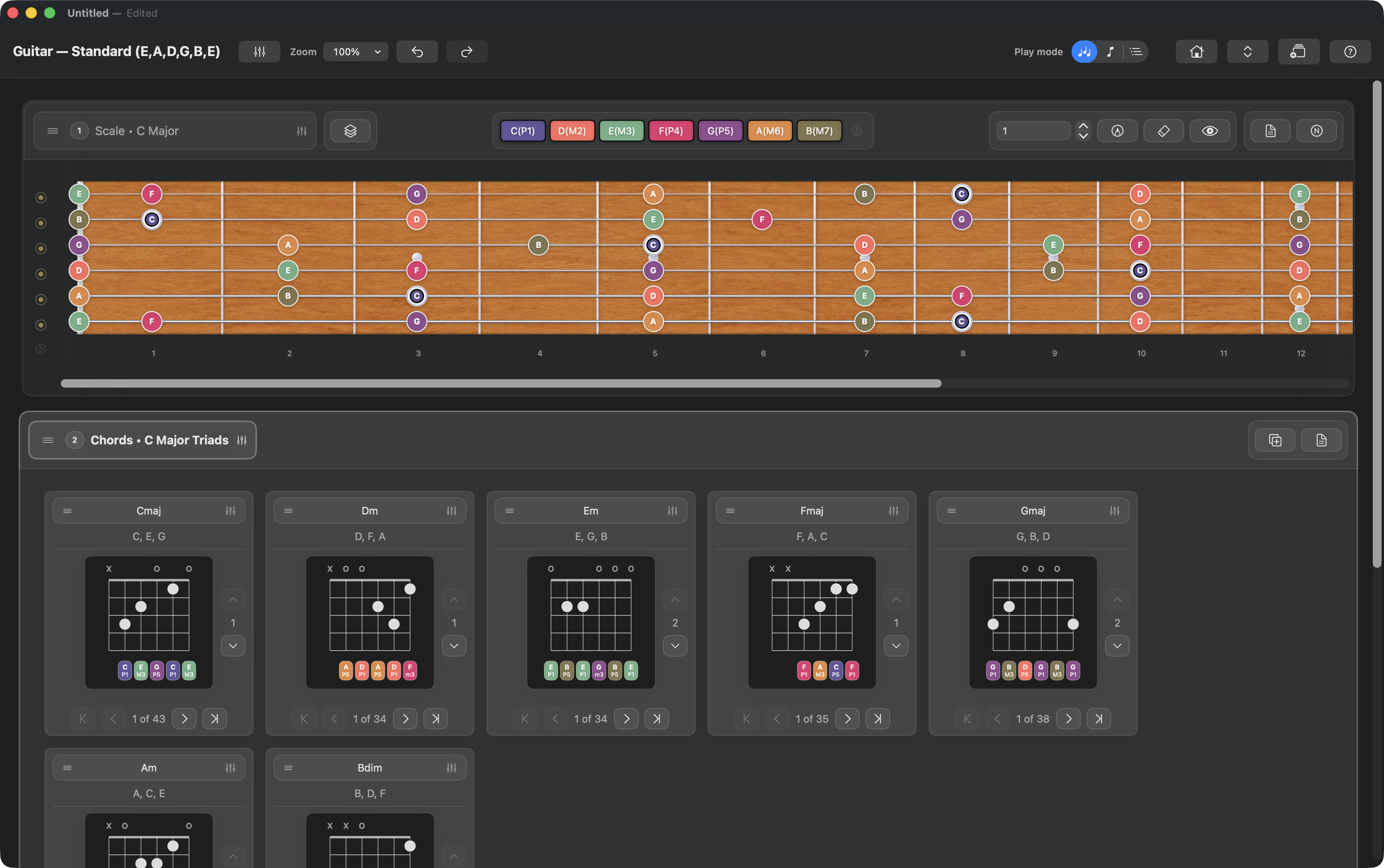 Frettler macOS workspace showing interactive guitar fretboards, scales, modes and chord diagrams