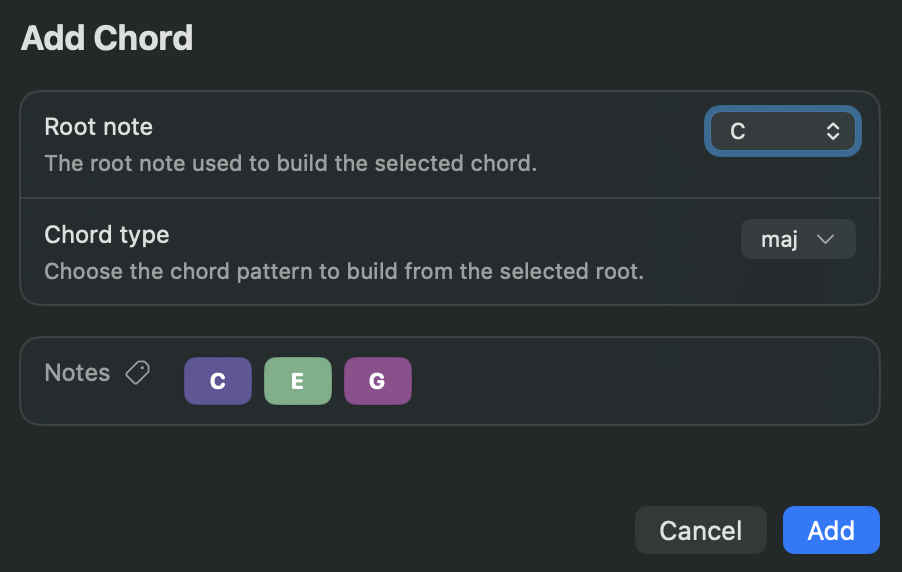 Frettler Add Chord dialog for choosing a root note and chord pattern