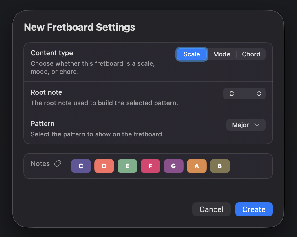 Frettler Add Fretboard dialog for choosing content type, root note and pattern
