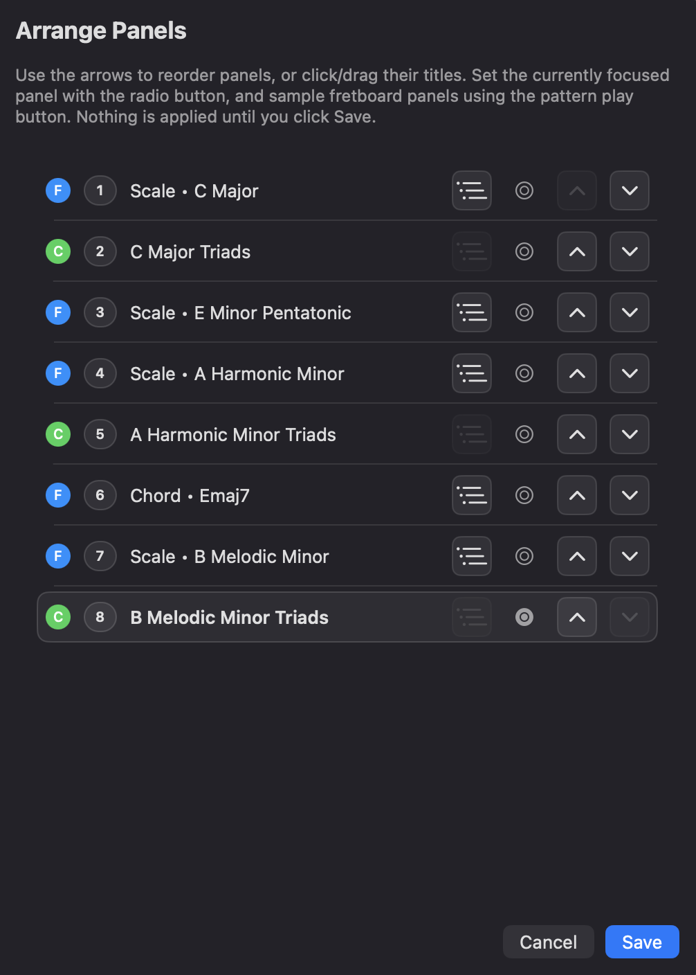 Frettler Arrange Panels dialog for reordering panels, setting the focused panel and previewing panels