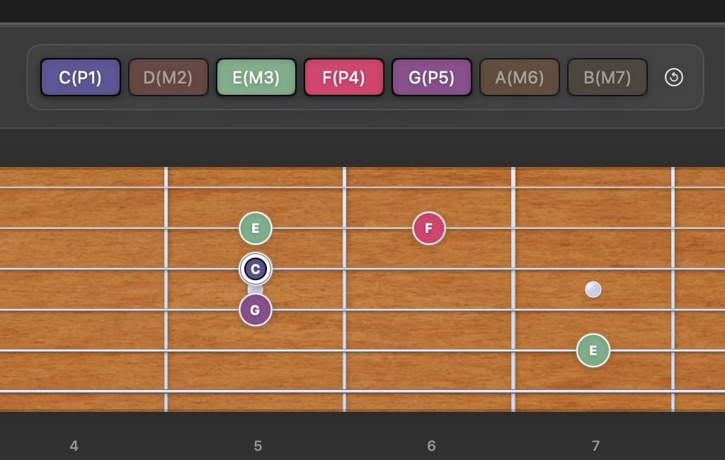 Frettler fretboard with selected note chips disabled and their notes hidden