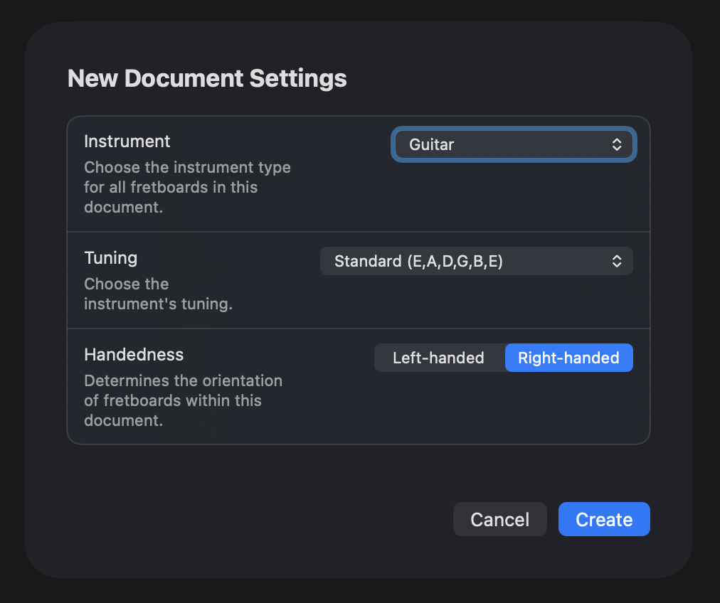 Frettler new document dialog for choosing an instrument, tuning and handedness