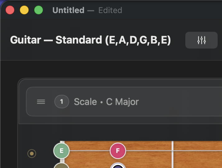 Frettler document header showing the selected instrument and tuning