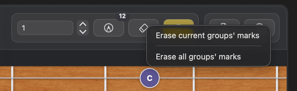 Frettler erase marks context menu with options for the current group or all groups