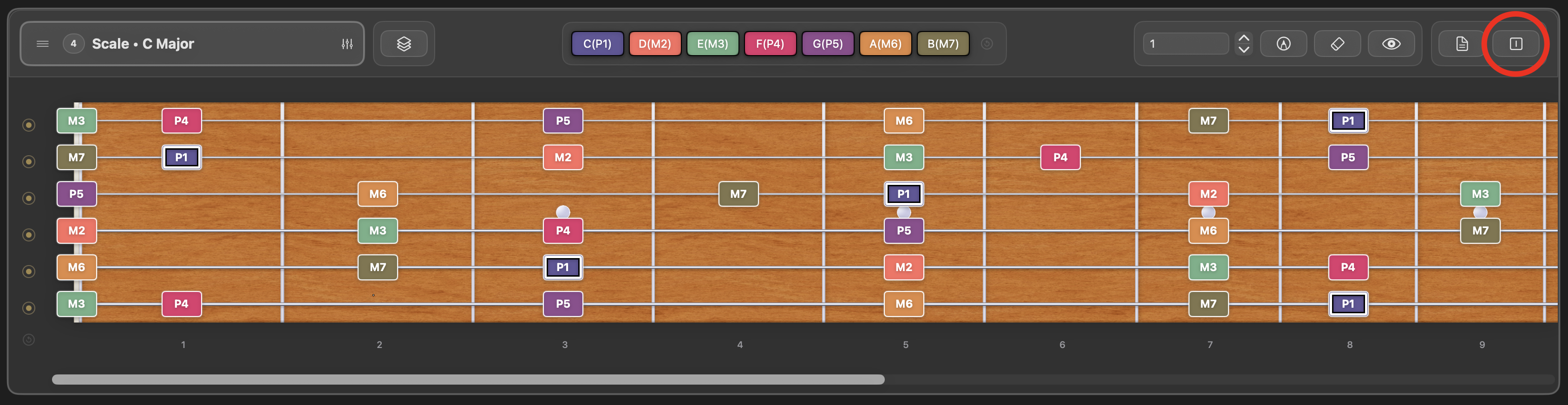 Frettler fretboard displaying interval names across the fretboard