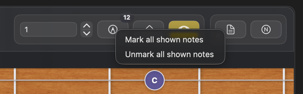 Frettler marking context menu with commands to mark or unmark all shown notes