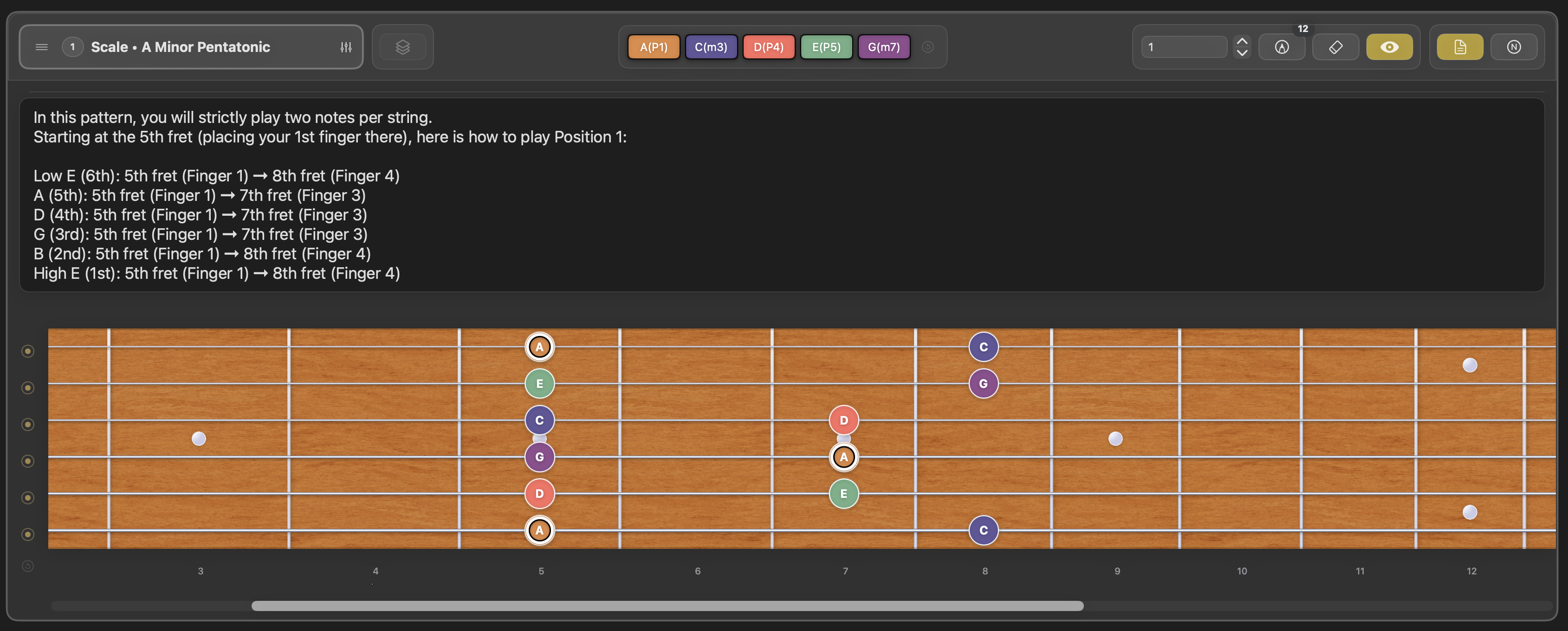 Frettler fretboard panel with its editable notepad open