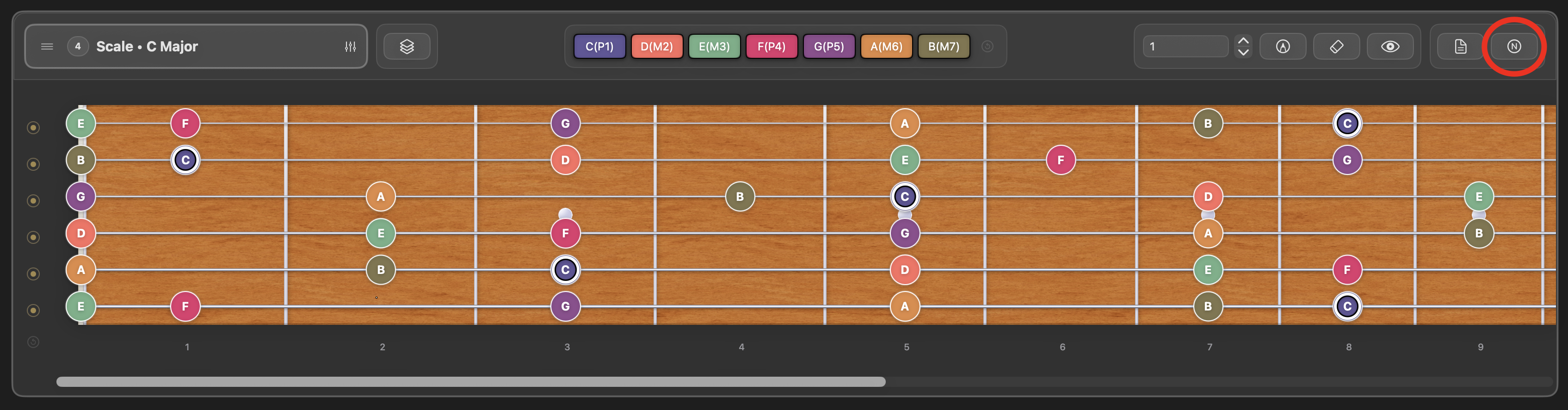 Frettler fretboard displaying note names across the fretboard