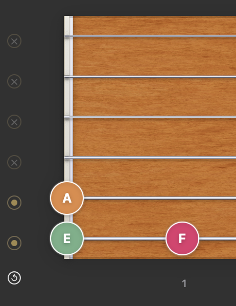 Frettler fretboard string visibility controls with selected strings hidden