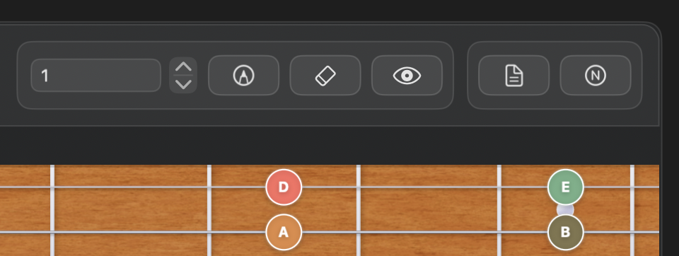 Frettler fretboard controls for marking notes, showing the notepad and switching label modes