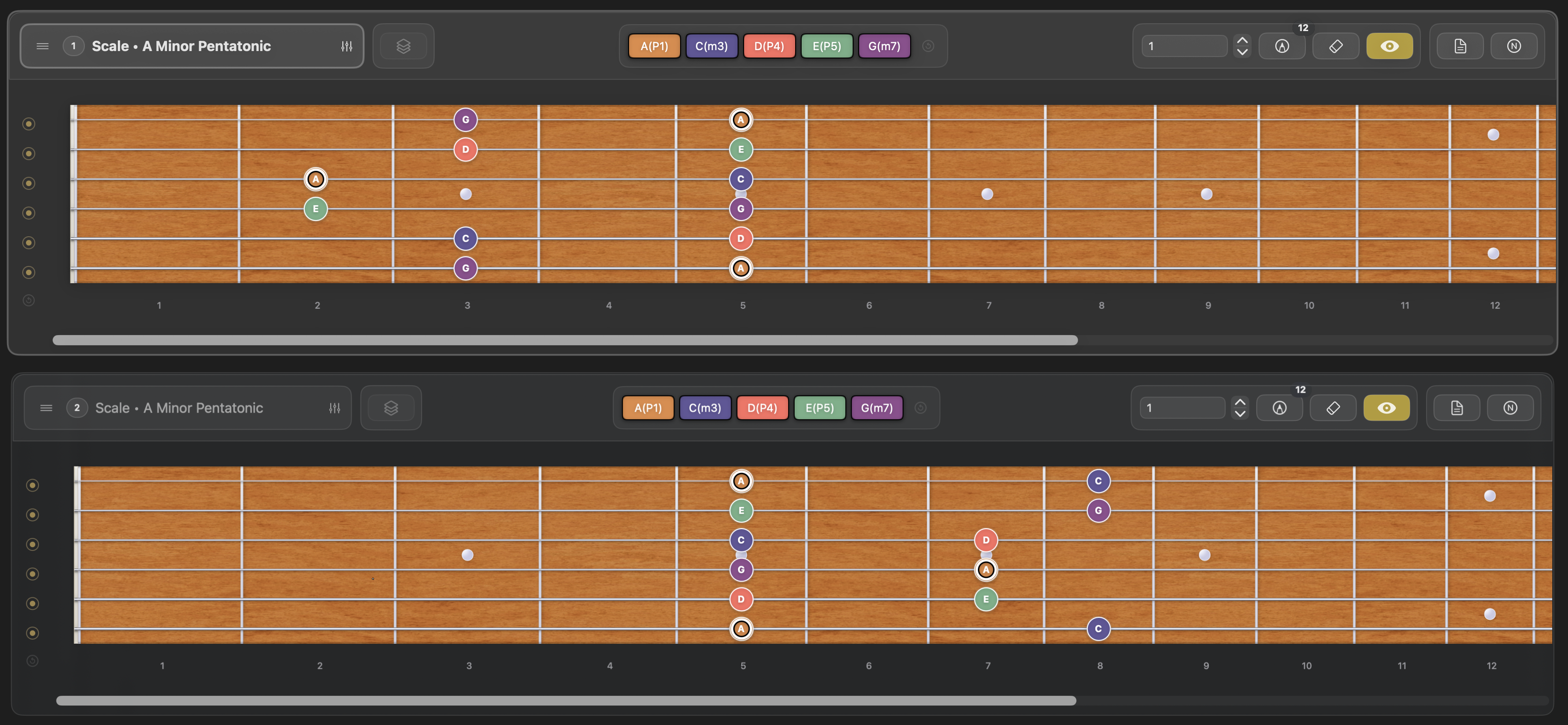 Frettler pentatonic fretboard showing a selected position using marked notes
