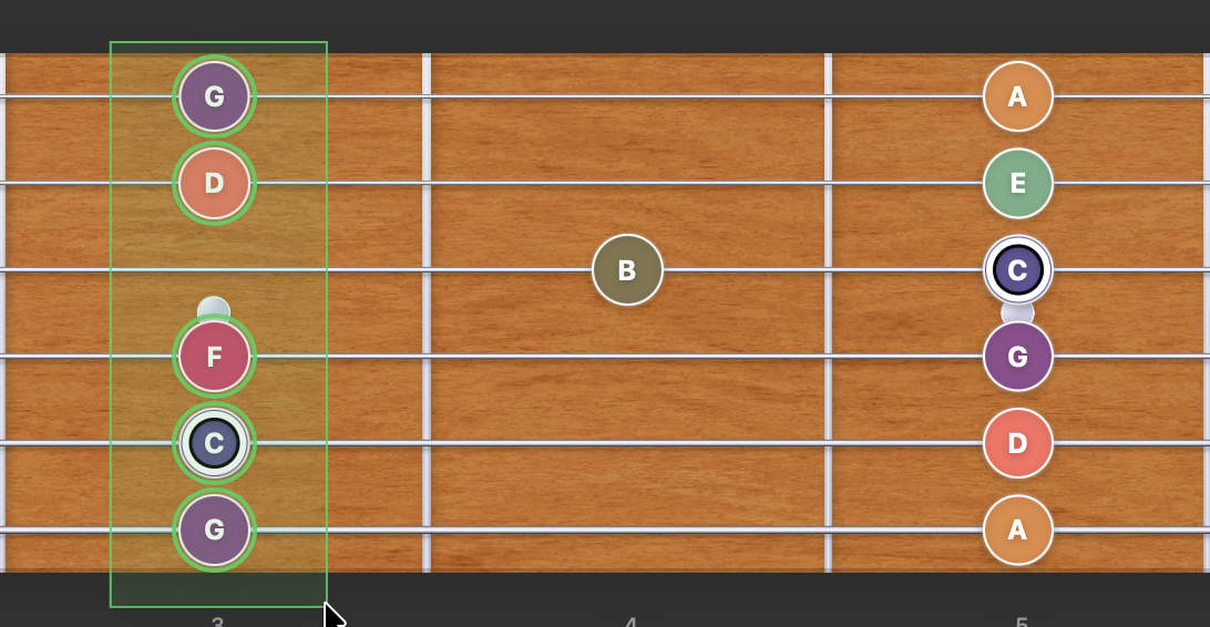 Frettler fretboard panel in marking mode showing marquee selection with origin on the left