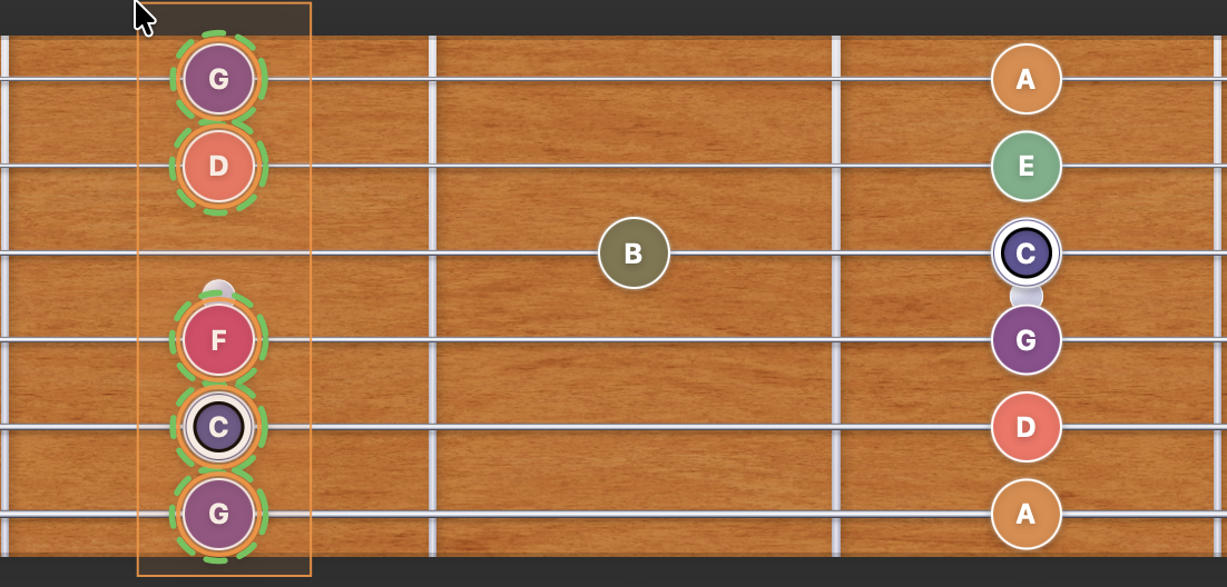 Frettler fretboard panel in marking mode showing marquee selection with origin on the right