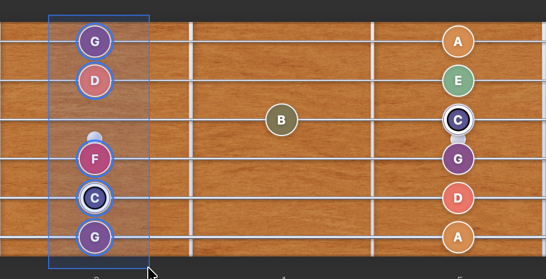 Fretboard marquee selection for play and marking