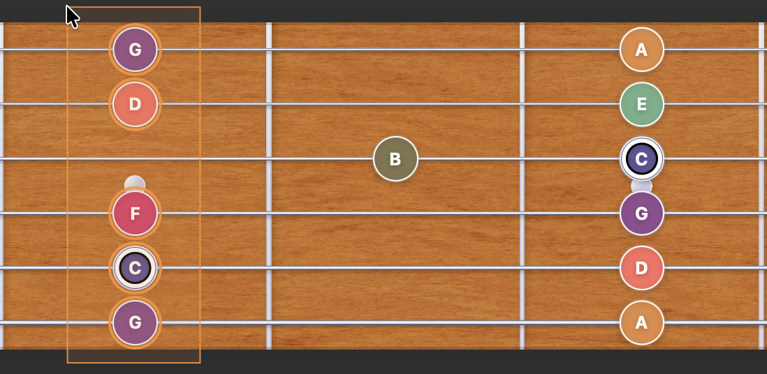 Frettler fretboard panel in play mode showing marquee selection with origin on the right
