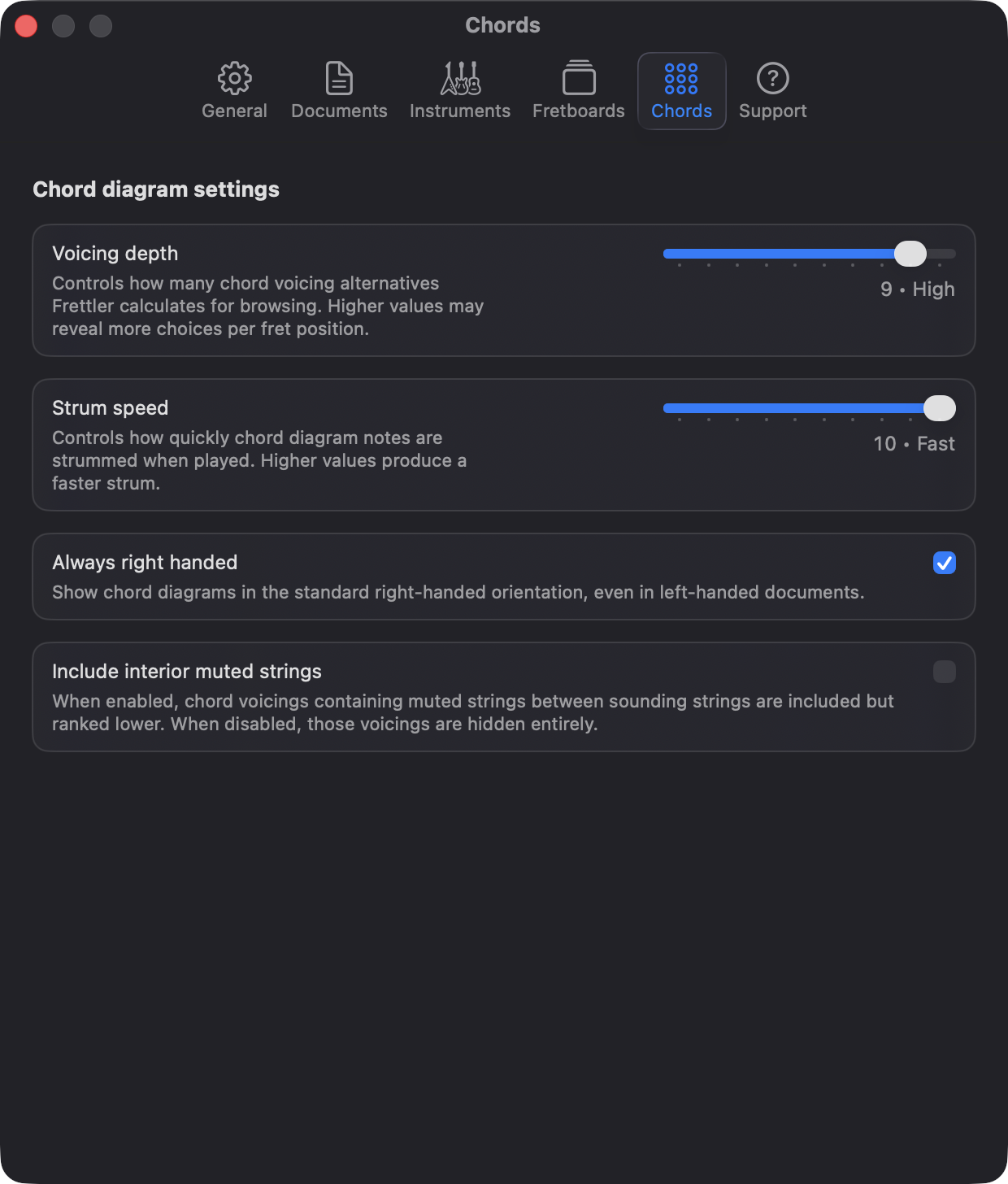 Frettler Chord settings for voicing depth, strum speed, handedness and muted strings