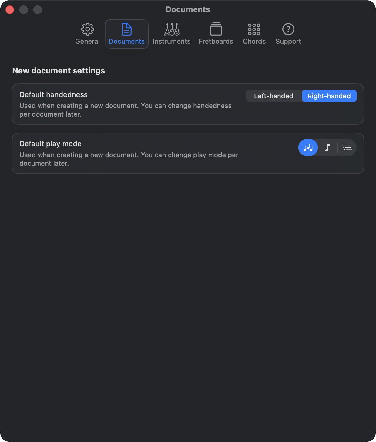 Frettler Document settings for default handedness and fretboard play mode