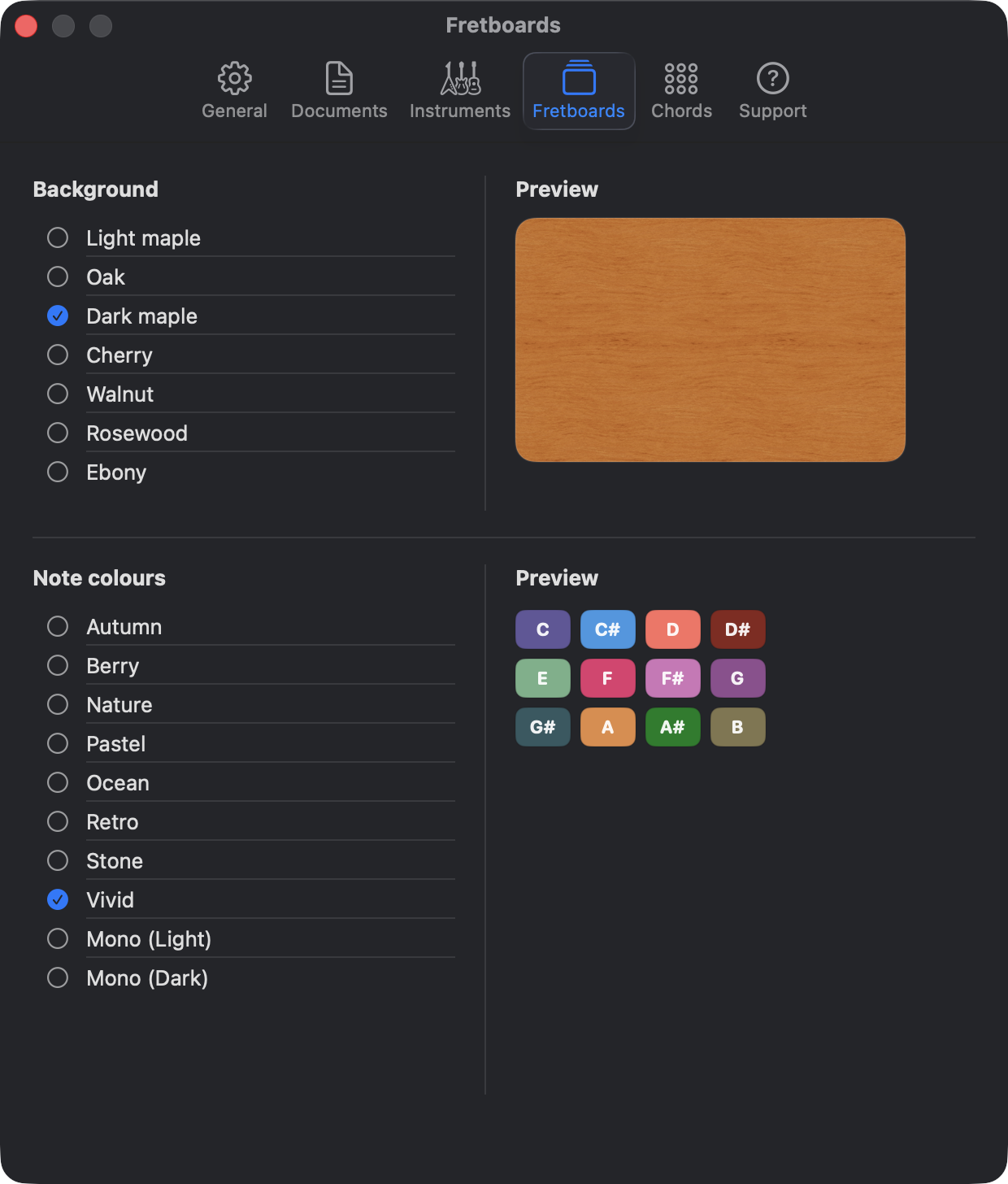 Frettler Fretboard settings for choosing fretboard backgrounds and note colour themes
