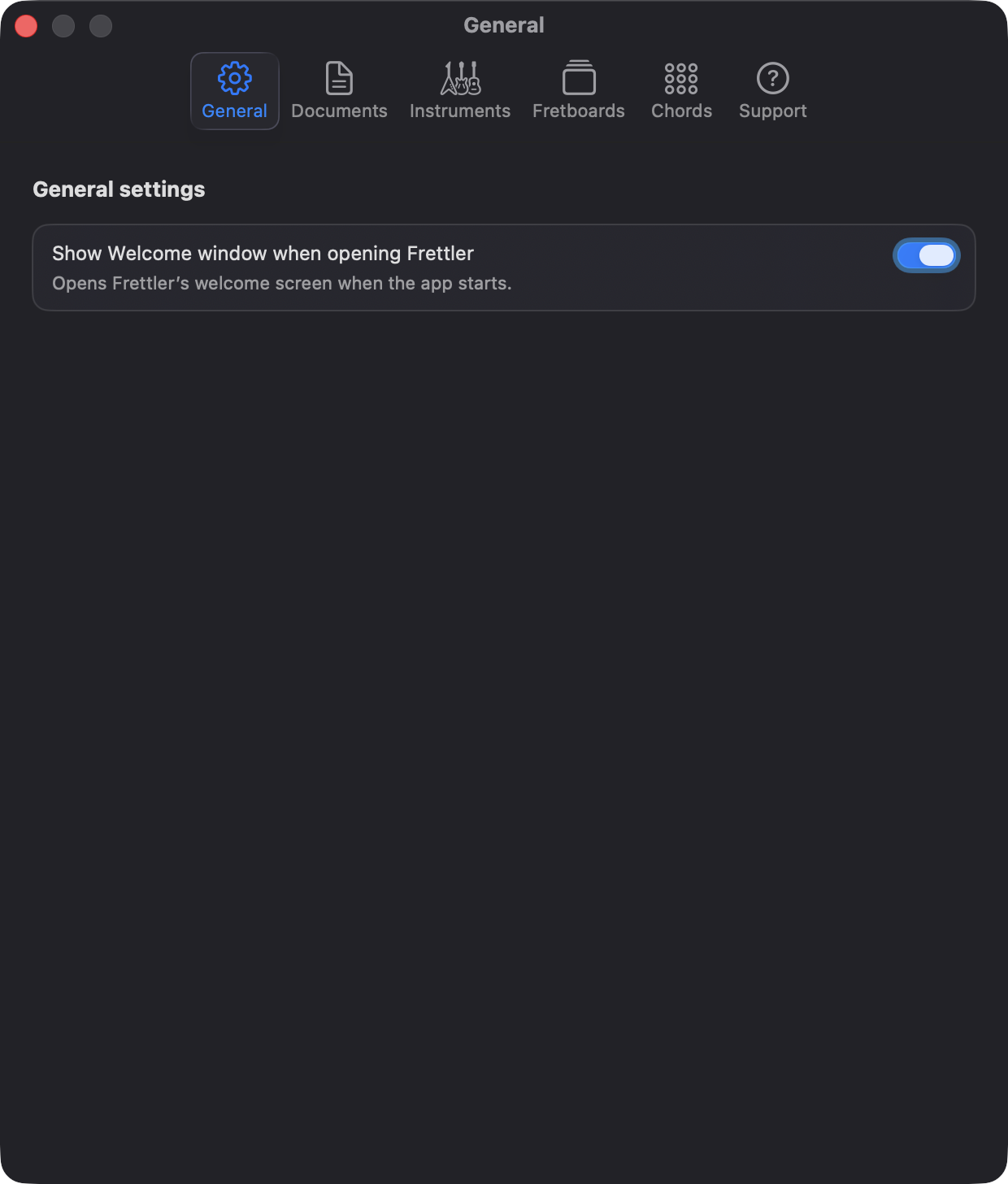 Frettler General settings showing the option to display the welcome page at launch