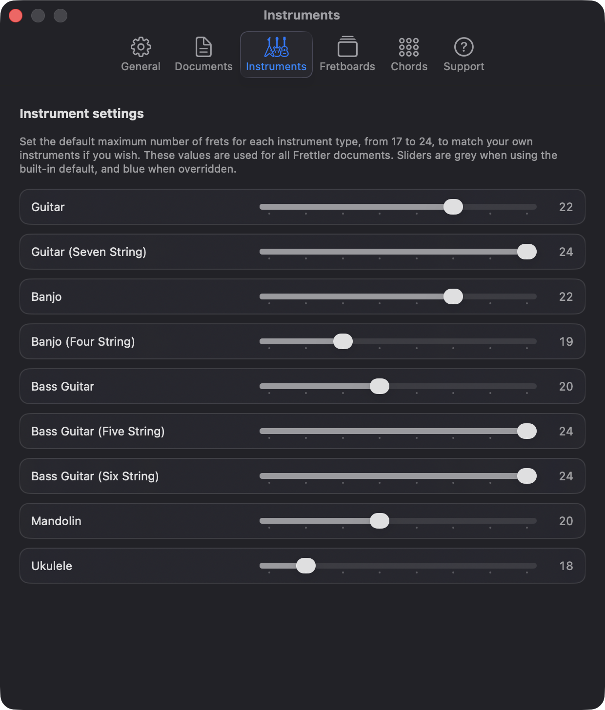 Frettler Instrument settings with fret limit sliders for each supported instrument