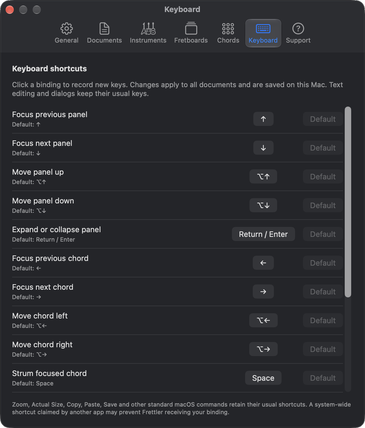 Frettler keyboard settings enabling re-binding of keyboard navigation keys