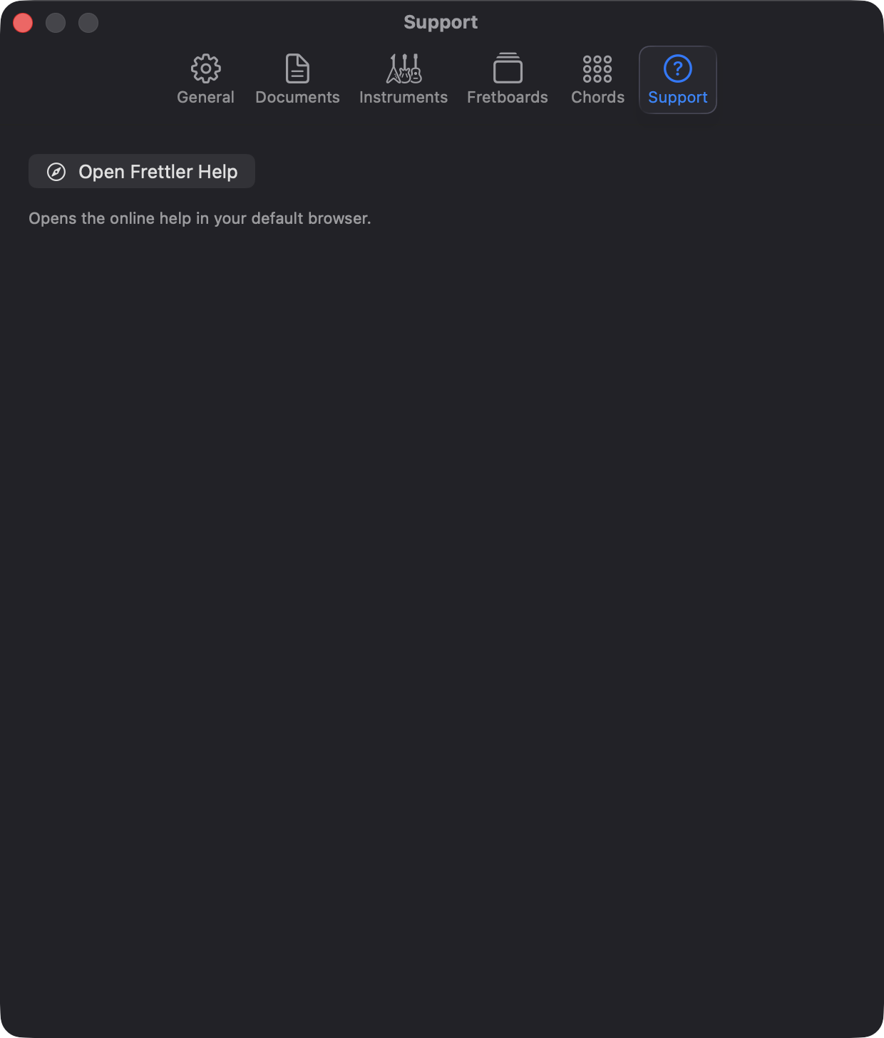 Frettler Support settings showing the link to online help